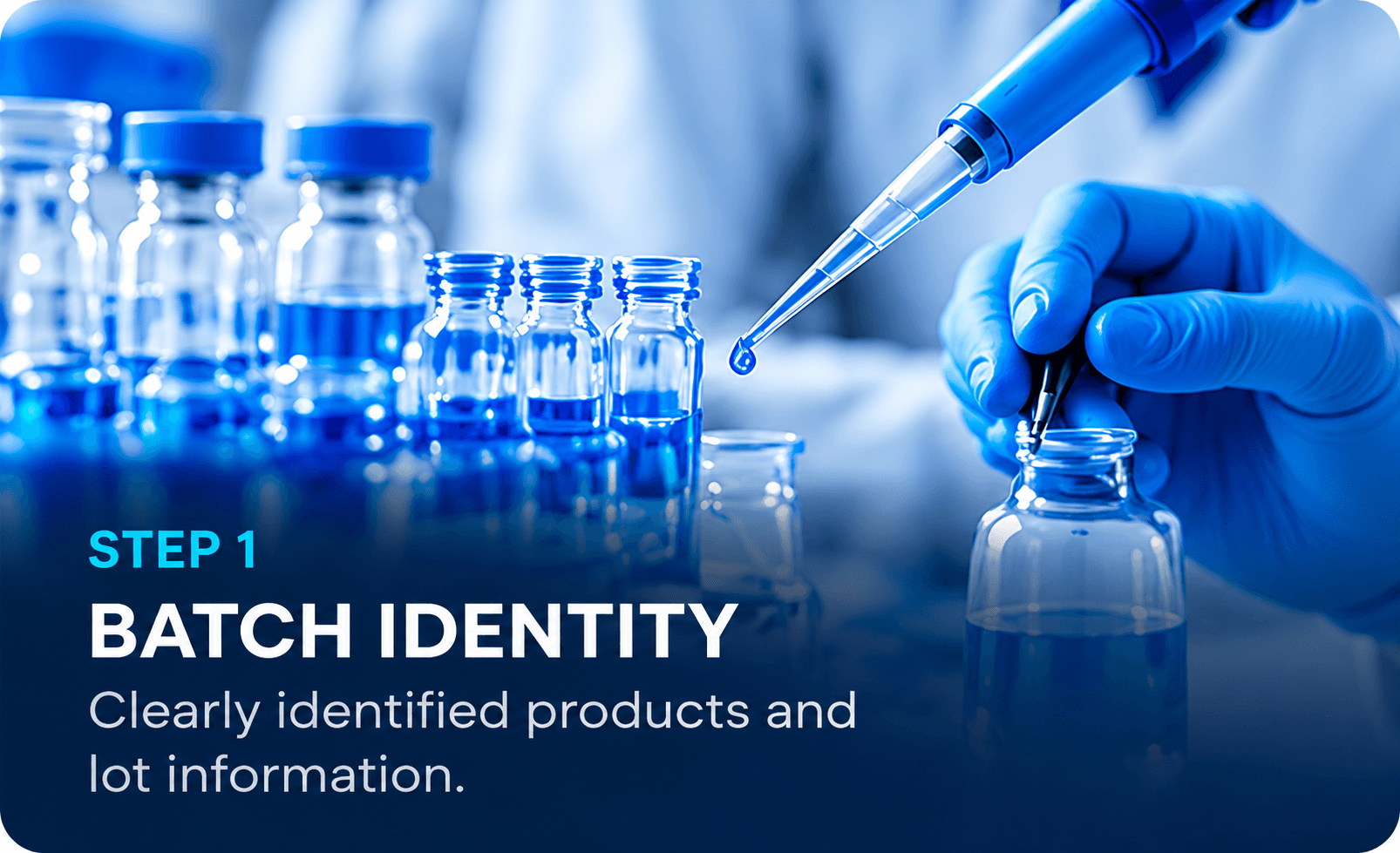 Step 1: Batch Identity. Clearly identified products and lot information.