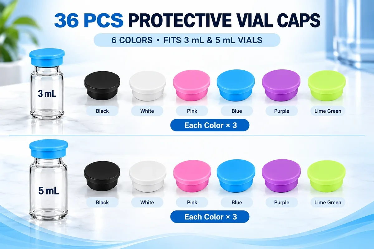 36 silicone vial caps in six colors, 3 mL and 5 mL sizes