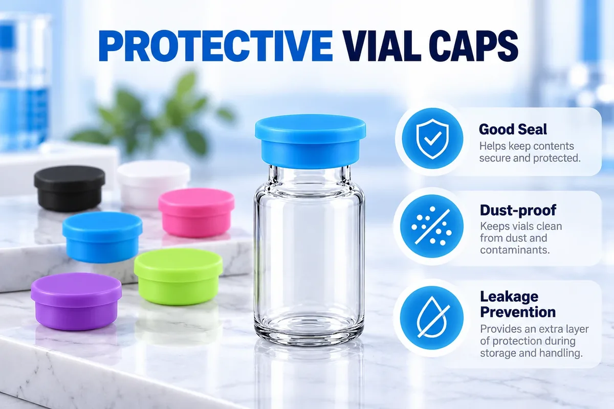 Blue silicone cap on a glass vial with caps in five other colors