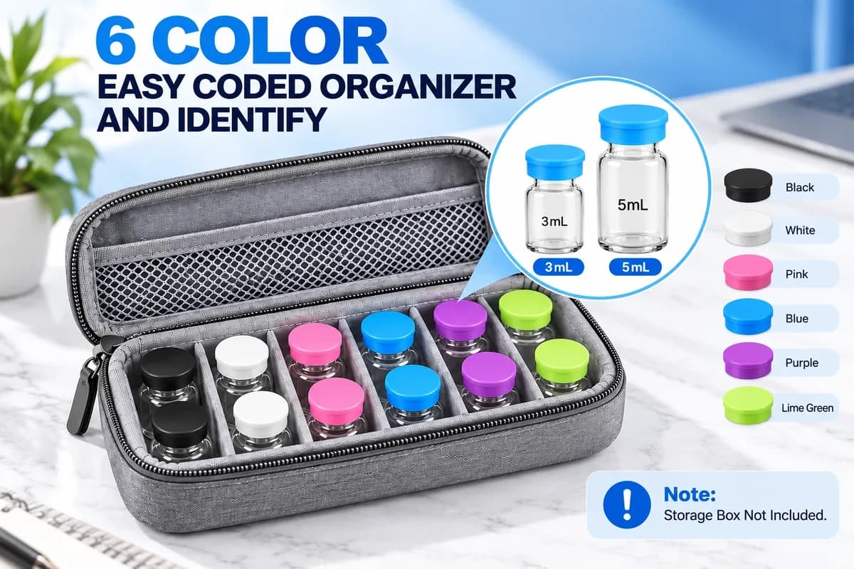Color-coded vial caps on 3 mL and 5 mL vials in an organizer case (case not included)